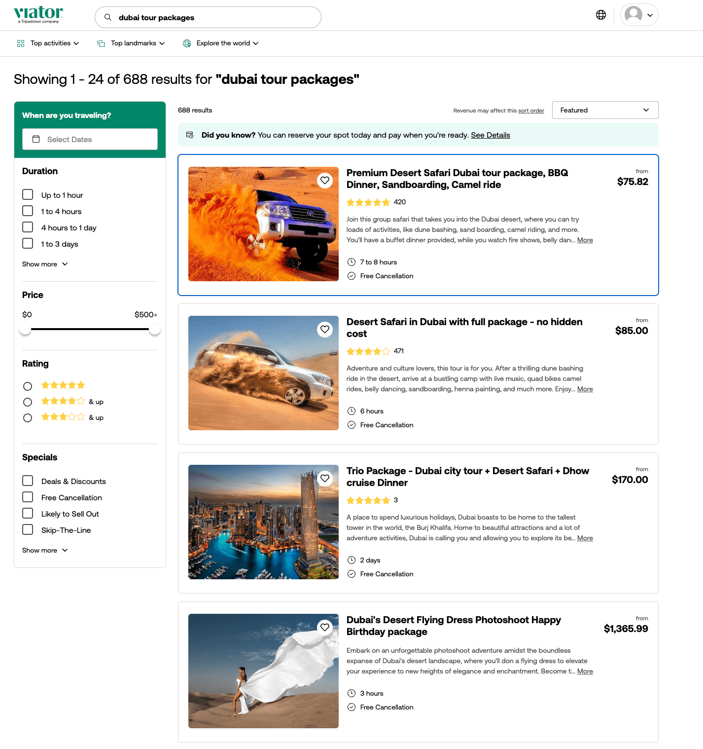 Viator search results: Dubai Tour Packages