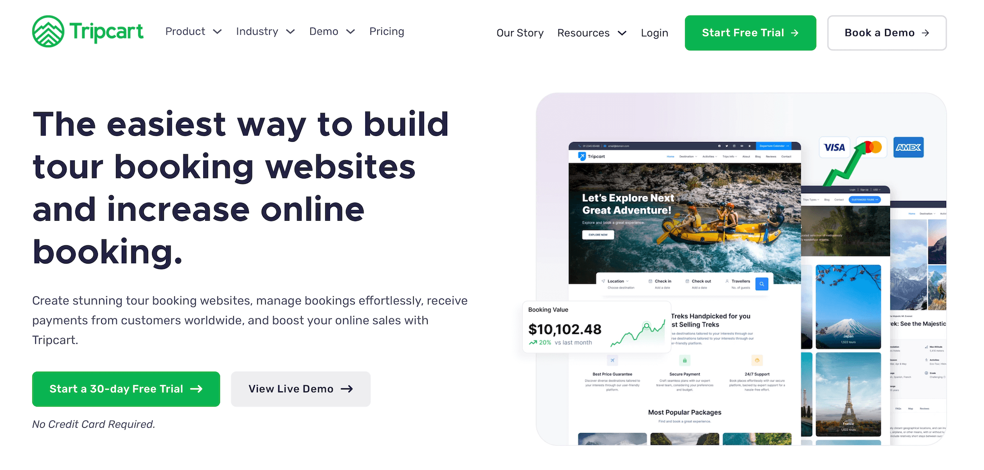 Tripcart homepage: The easiest way to build tour booking websites and increase online booking