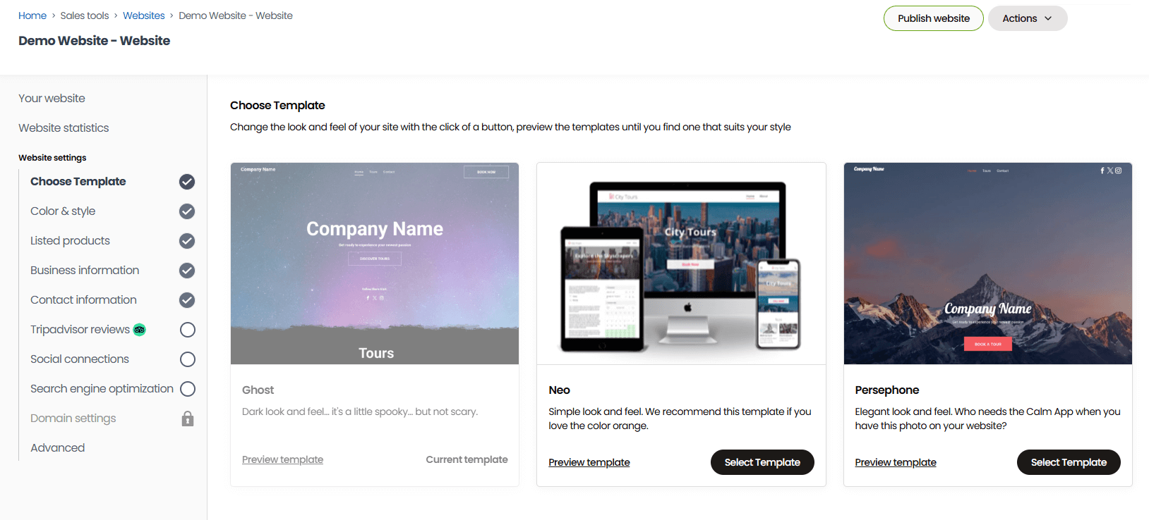 Website Settings: Choose Template