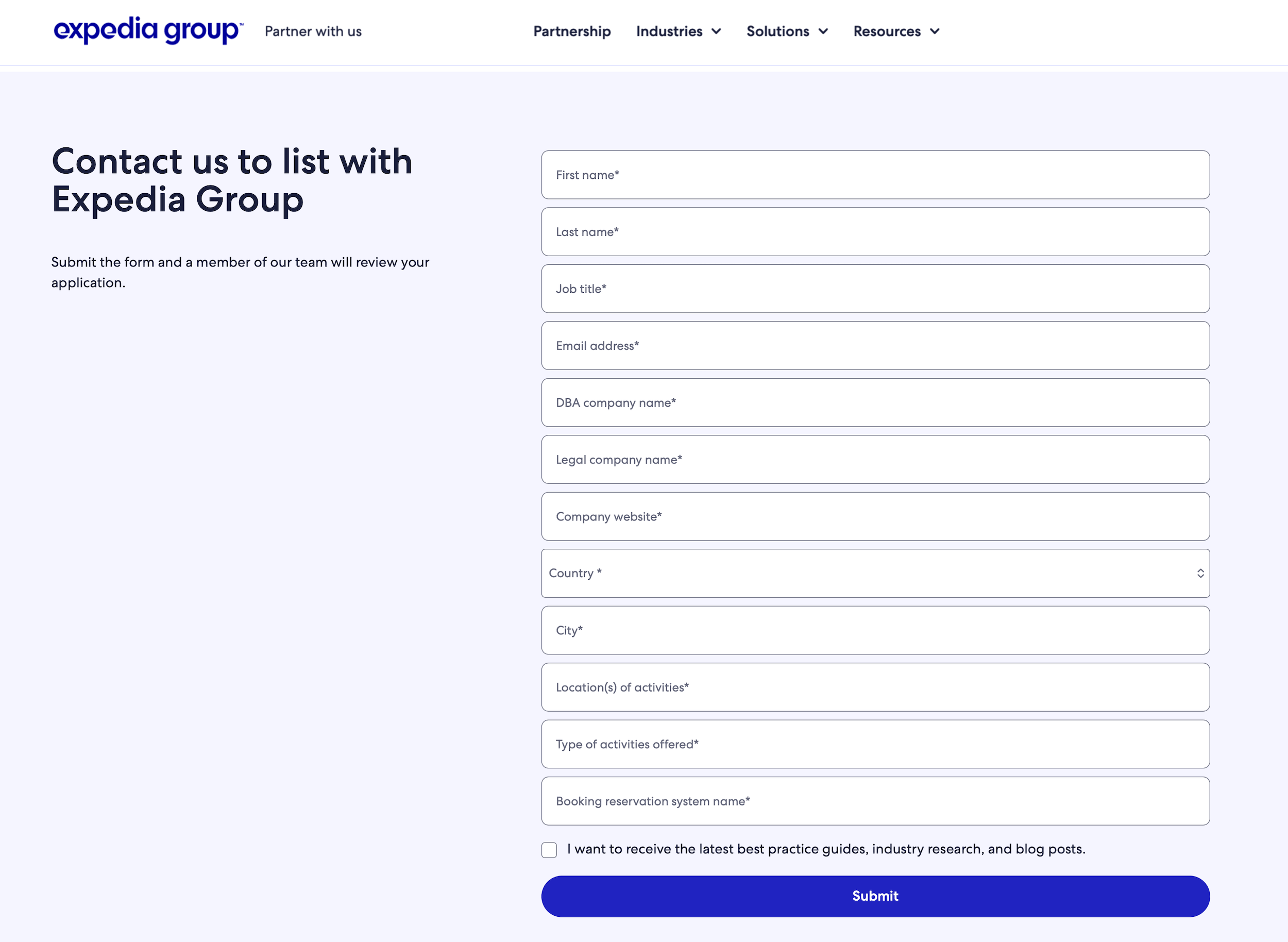 Expedia Group: Contact us to list with Expedia Group - Submit the form and a member of our team will review your application.
