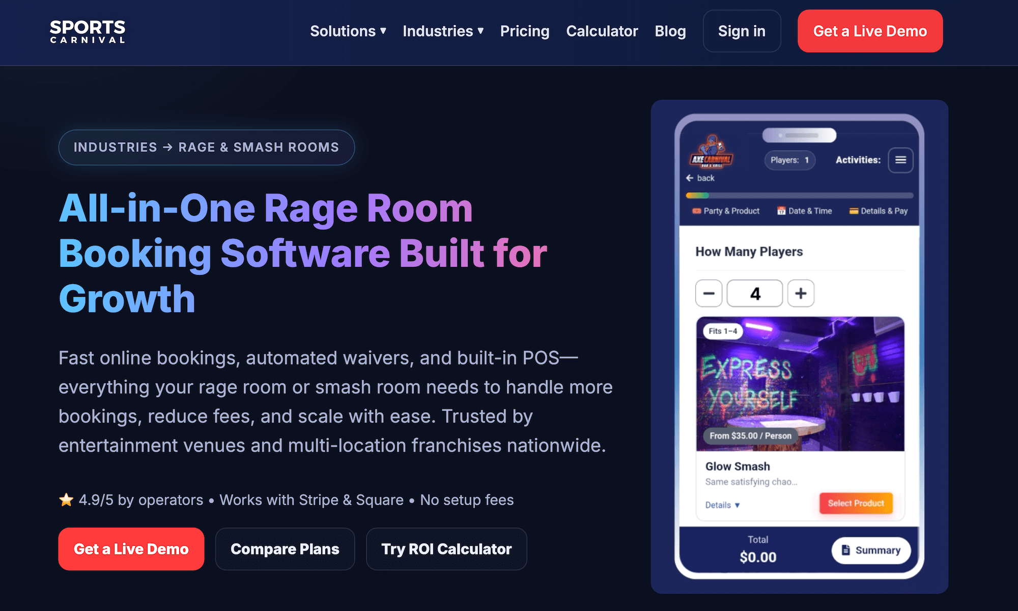 Sports Carnival Rage Room Booking Software landing page