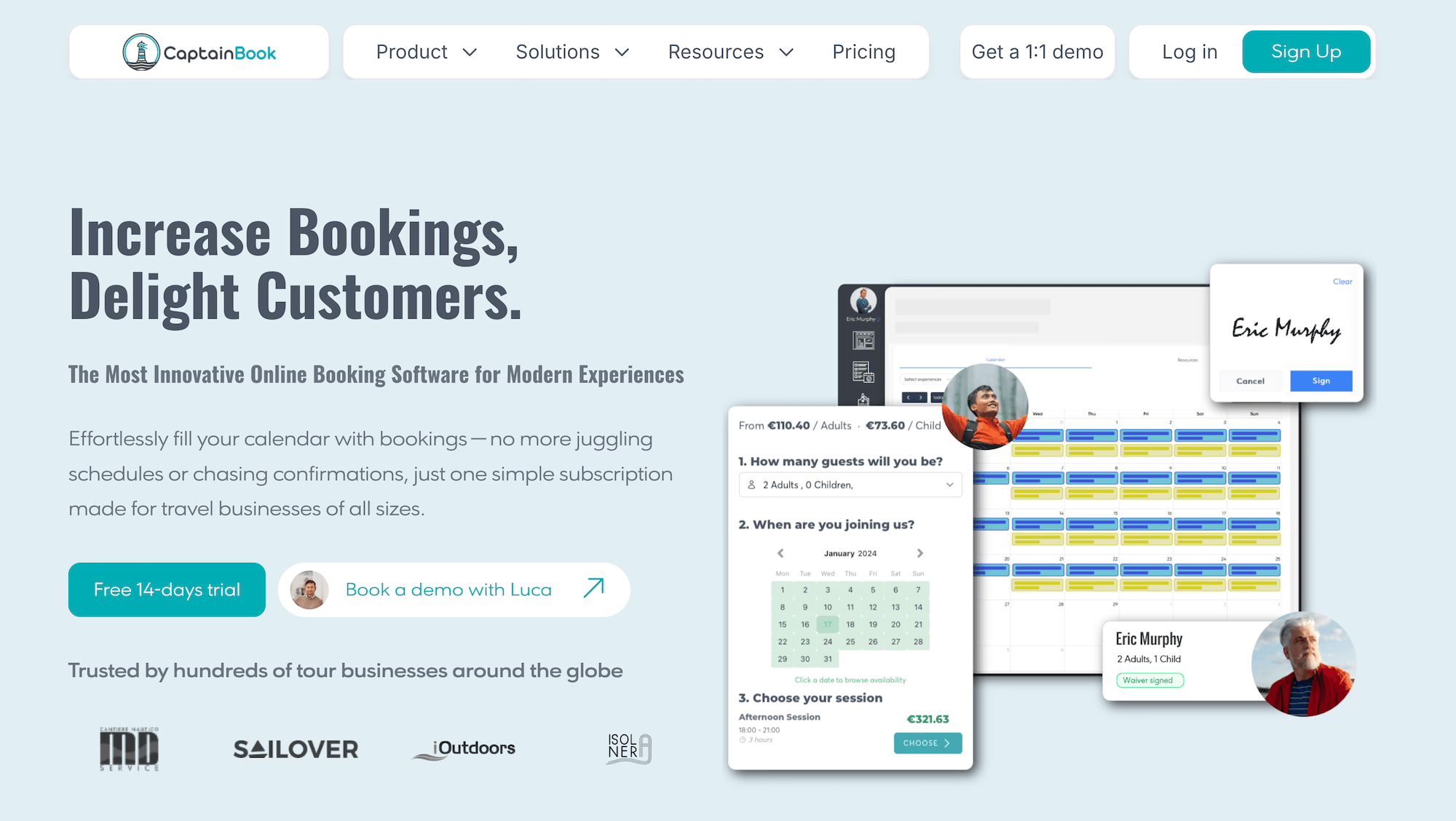 CaptainBook homepage: Increase Bookings, Delight Customers.