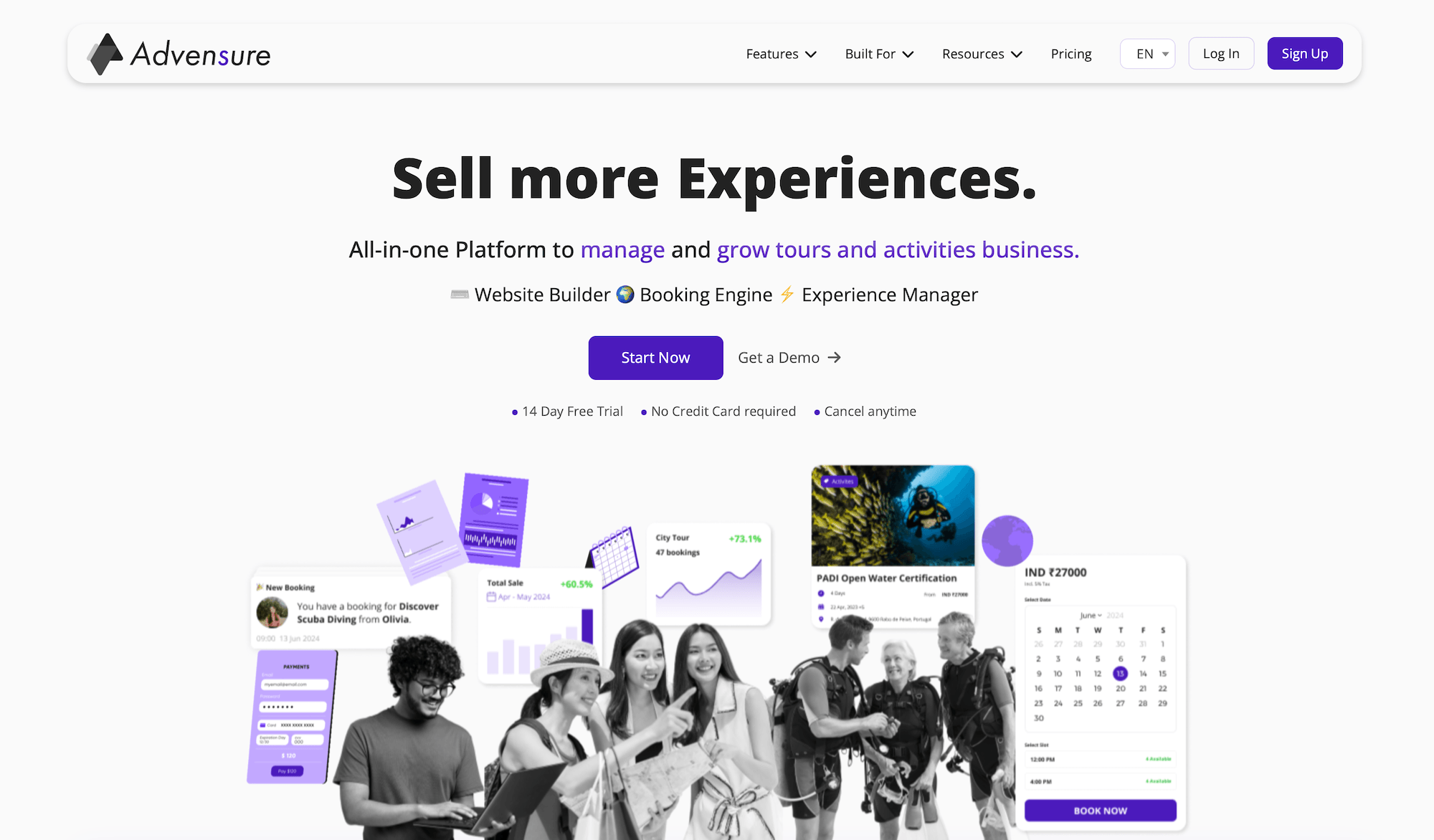 Advensure homepage: Sell more experiences