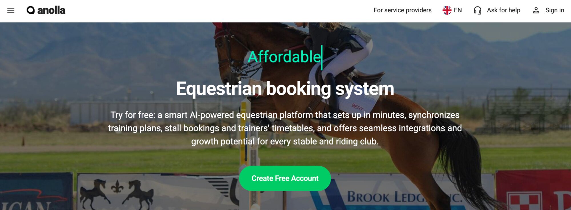 Anolla Equestrian Booking System landing page