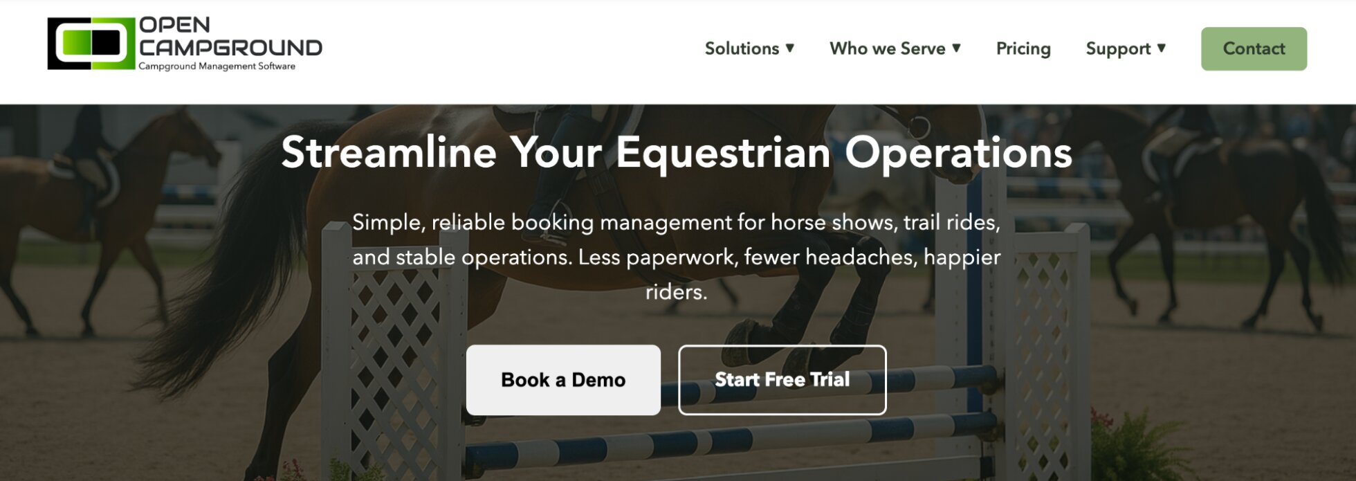 Open Campground Equestrian Operations Booking Management landing page