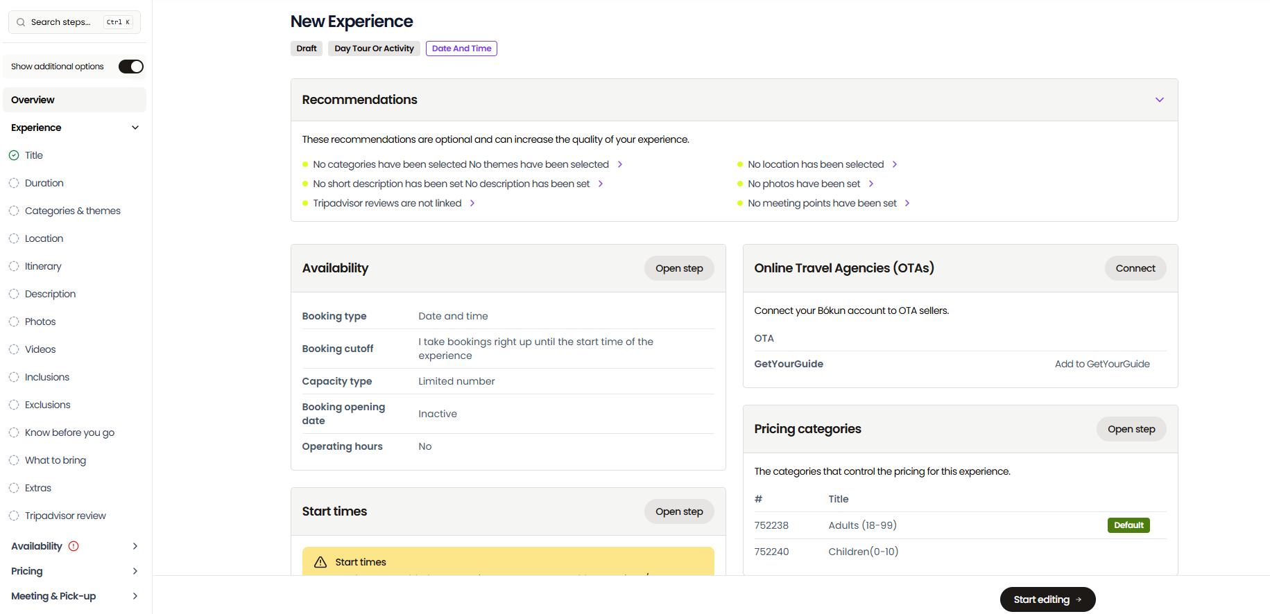 Experience: Product Recommendations, Availability, OTAs, Start times, Rates