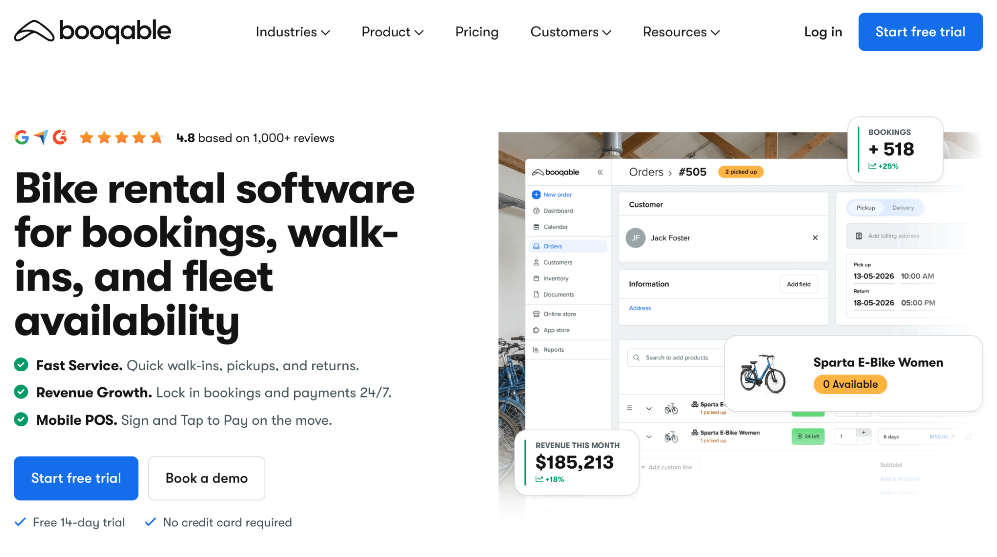 Booqable Bike Rental Software landing page