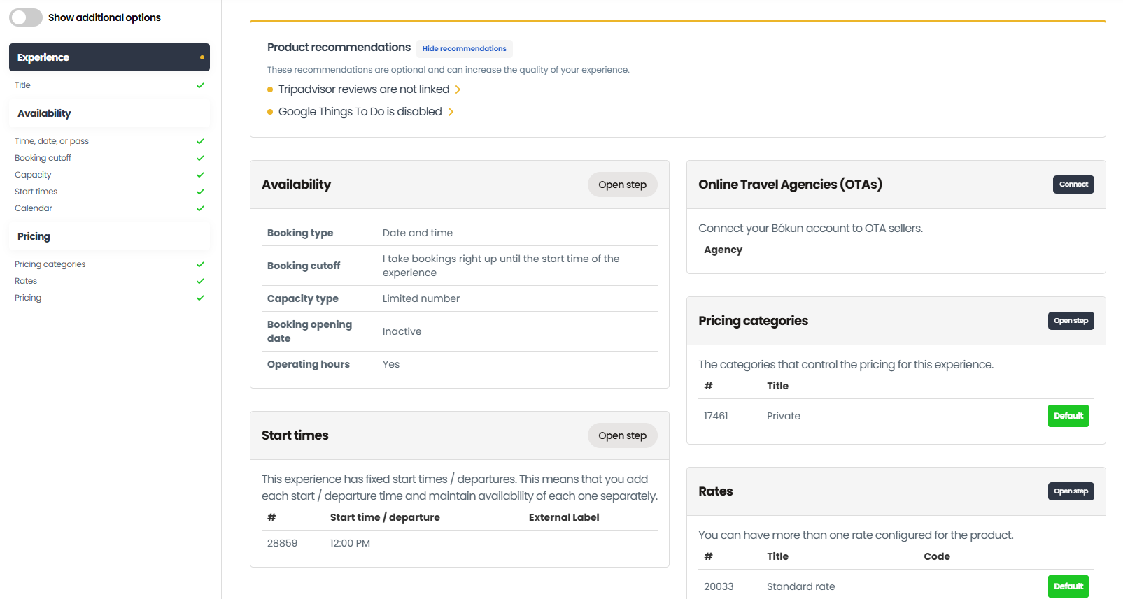Experience: Product Recommendations, Availability, OTAs, Start times, Rates