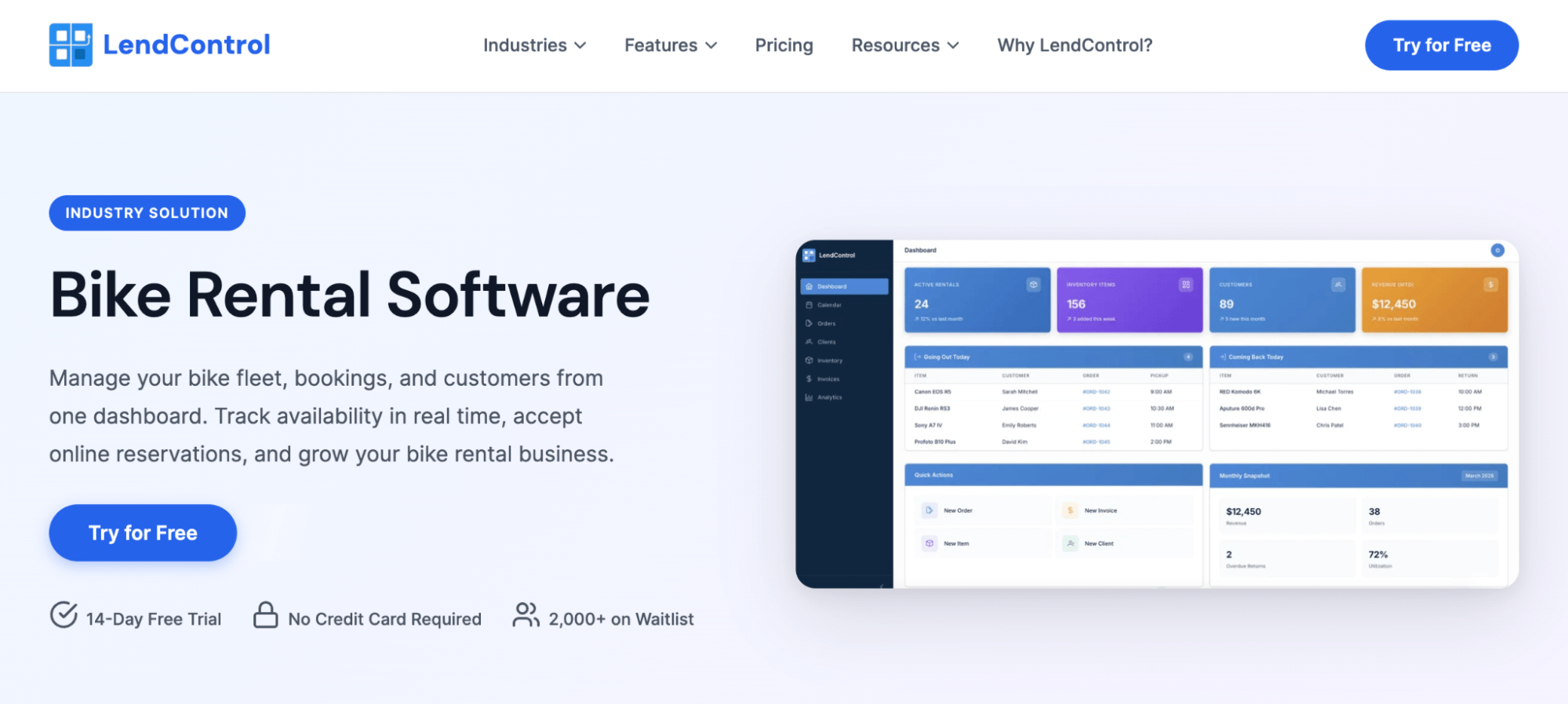 LendControl Bike Rental Software landing page
