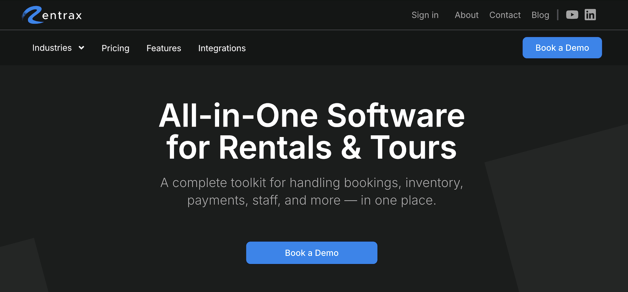Rentrax homepage: All-in-One Software for Rentals & Tours