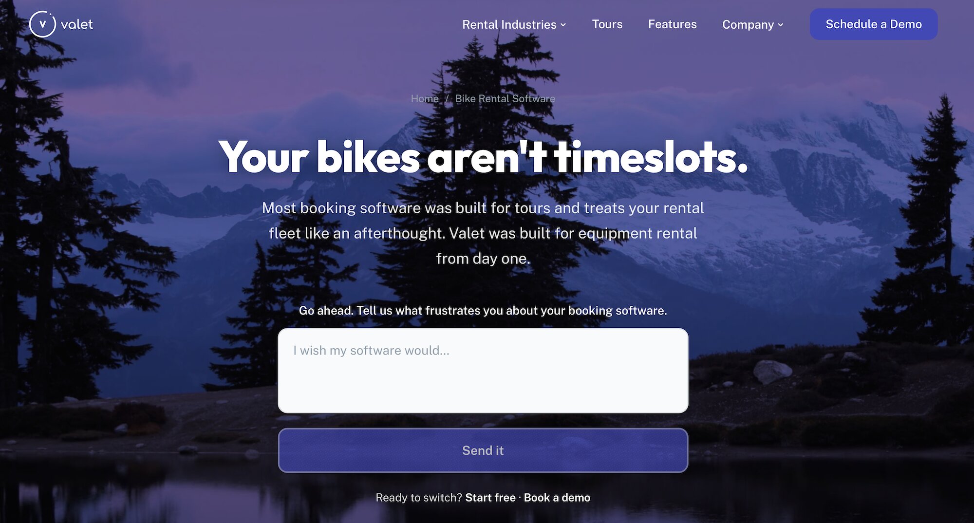 Valet Bike Rental Software landing page: Your bikes aren't timeslots.