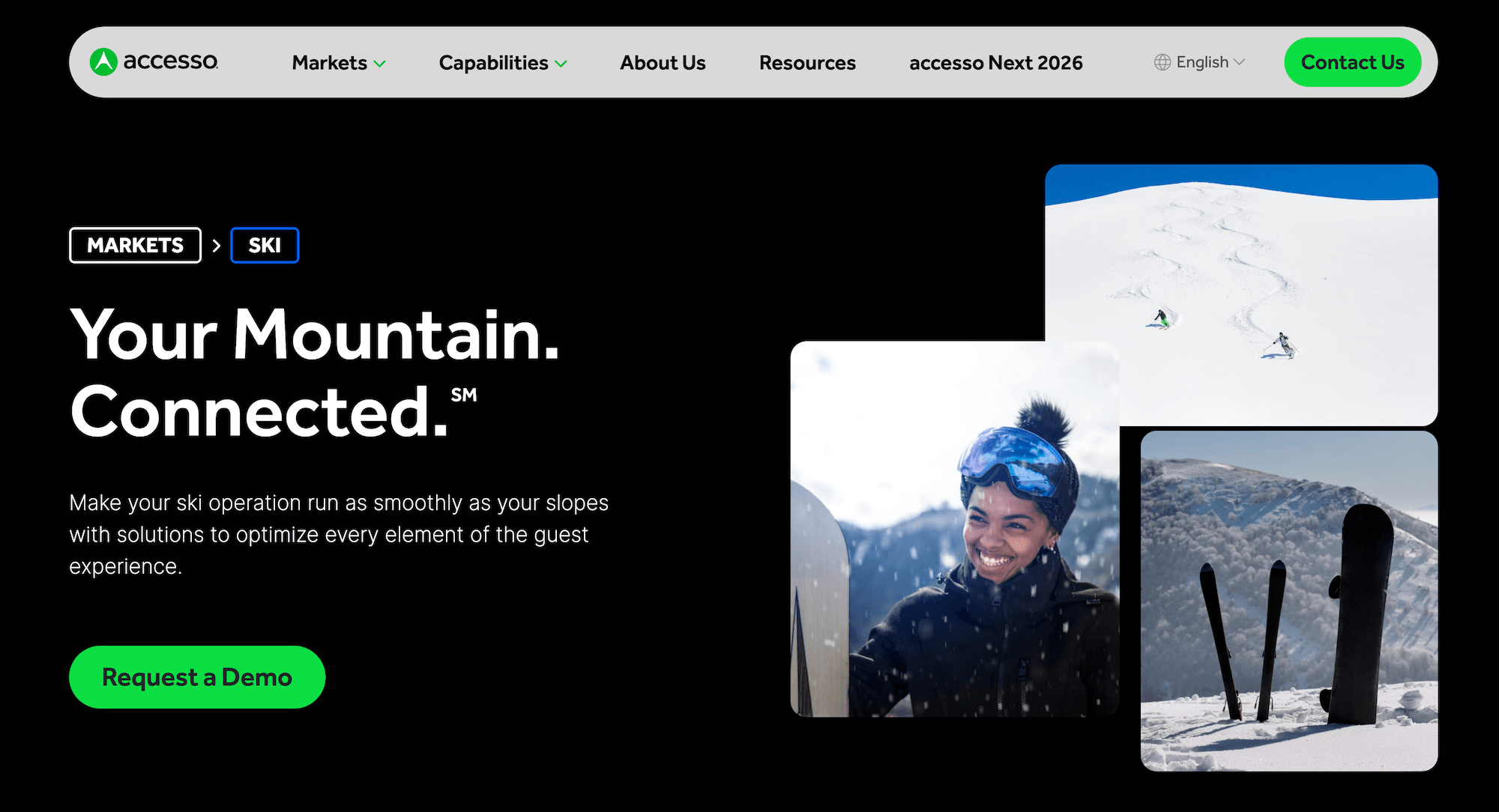 Accesso Markets Ski landing page: Your Mountain. Connected.