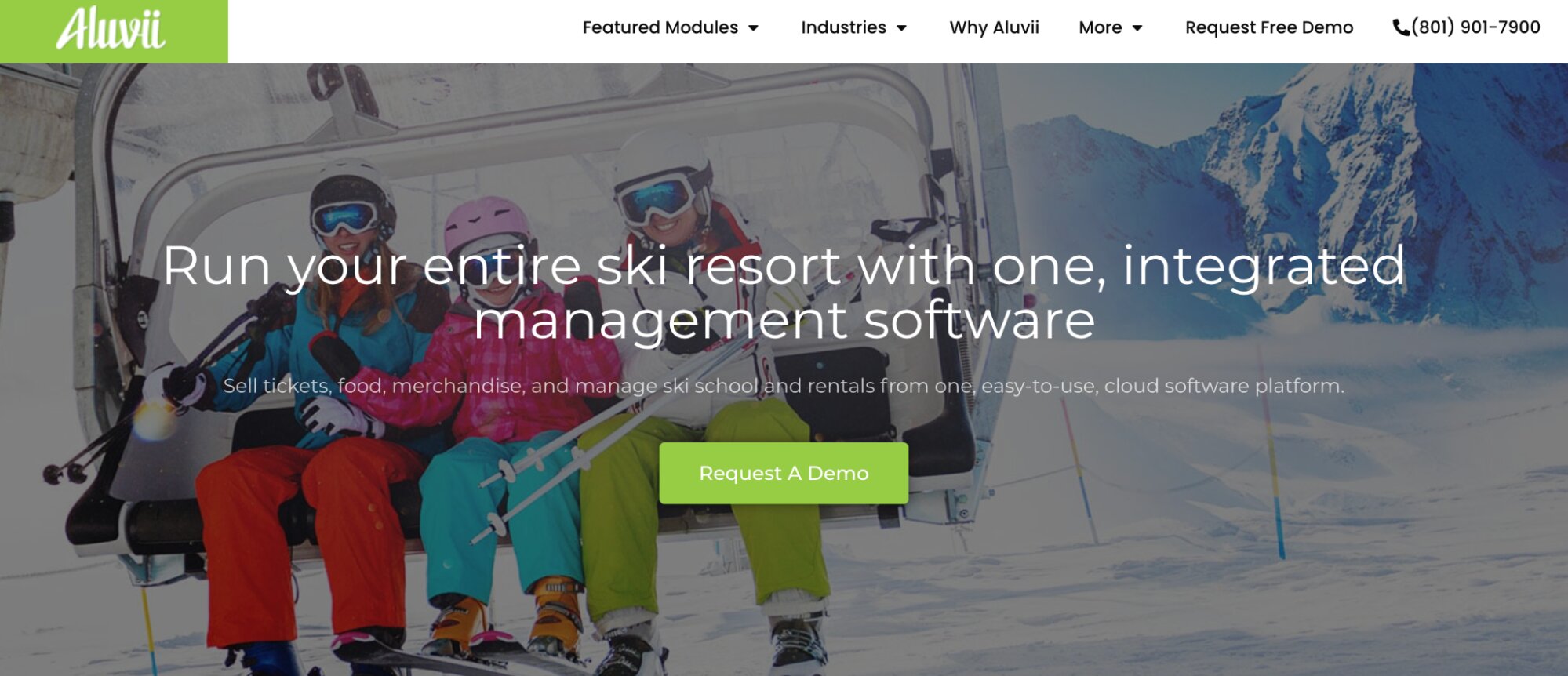 Aluvii Ski Resort Software landing page: Run your entire ski resort with one, integrated management software