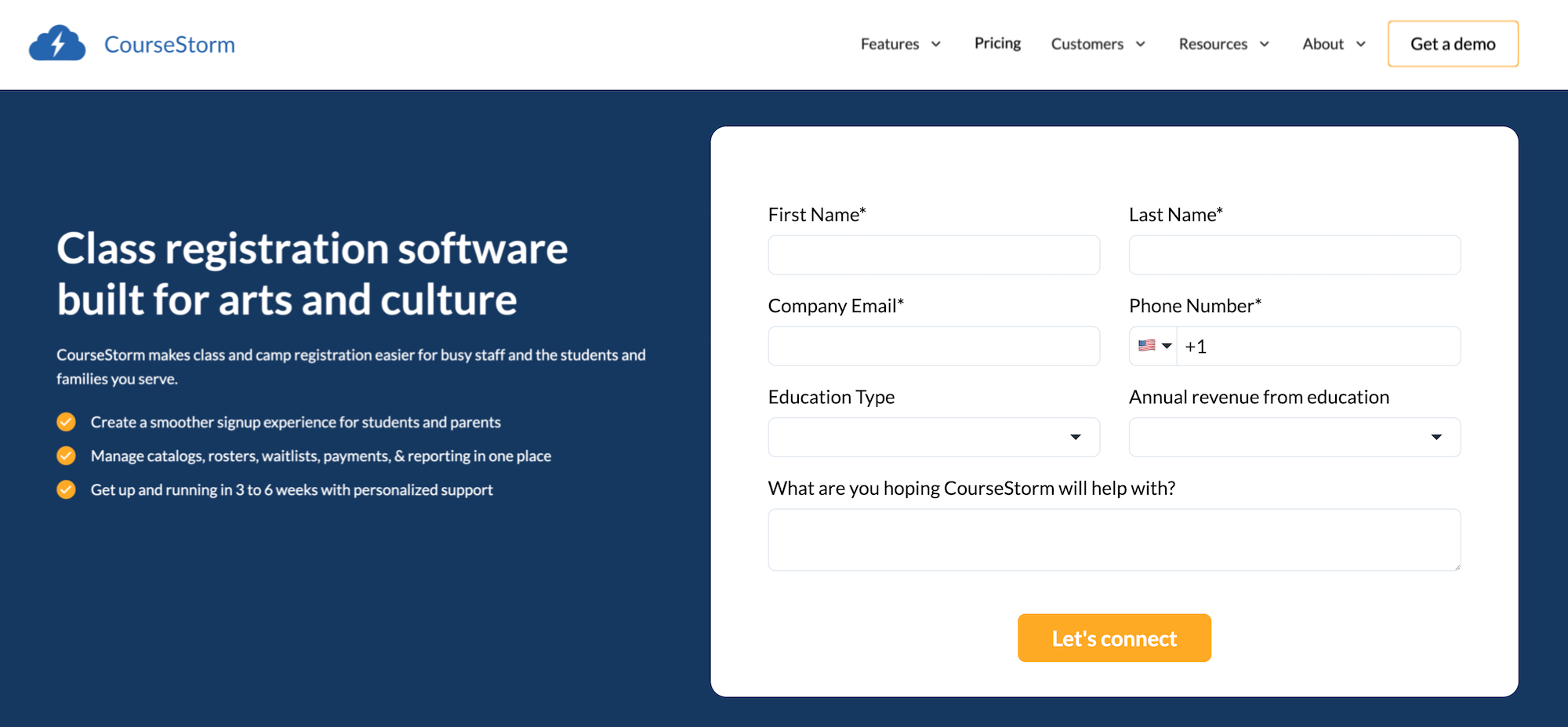 CourseStorm Class Registration Software for the Arts landing page