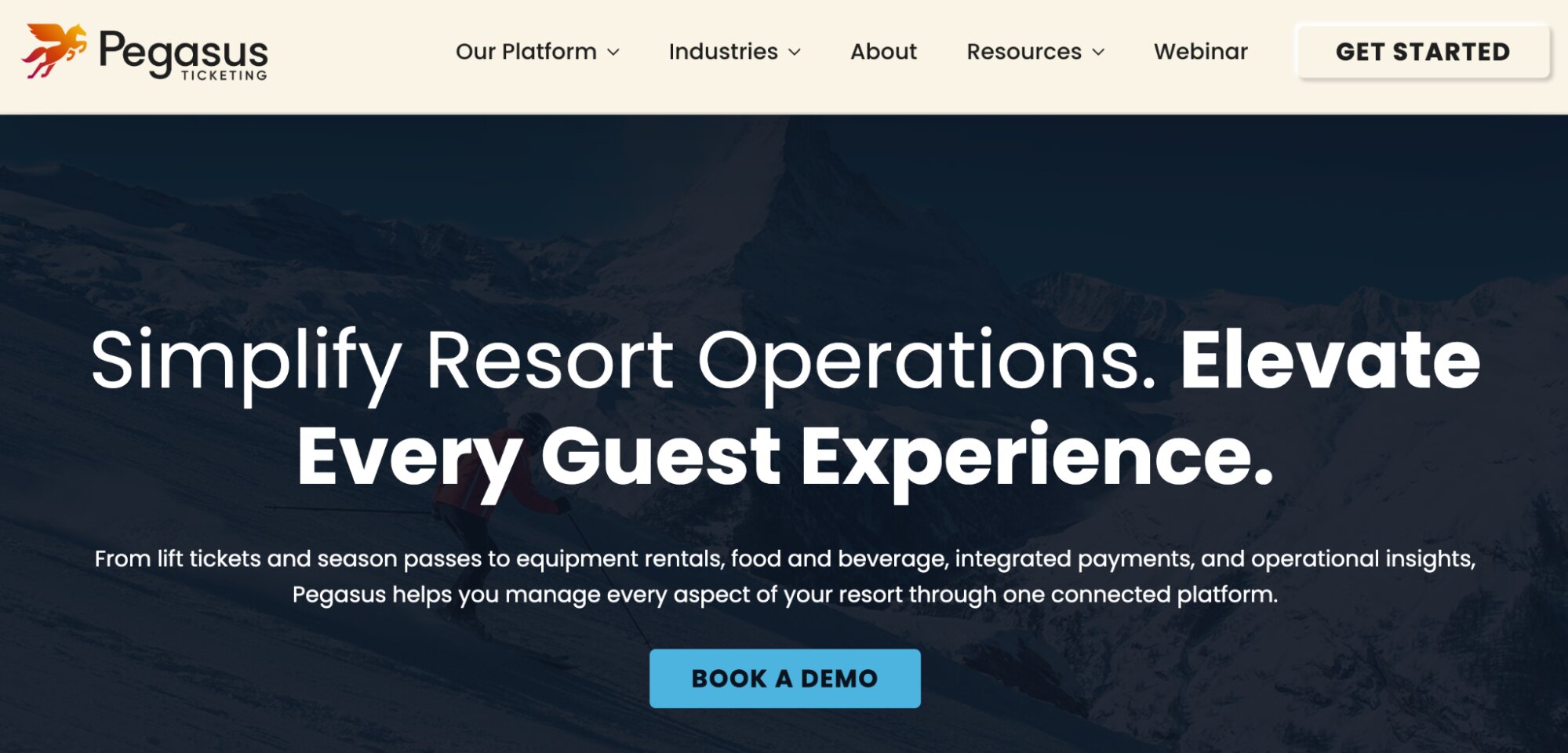 Pegasus Ticketing Ski Resorts landing page: Simplify Resort Operations