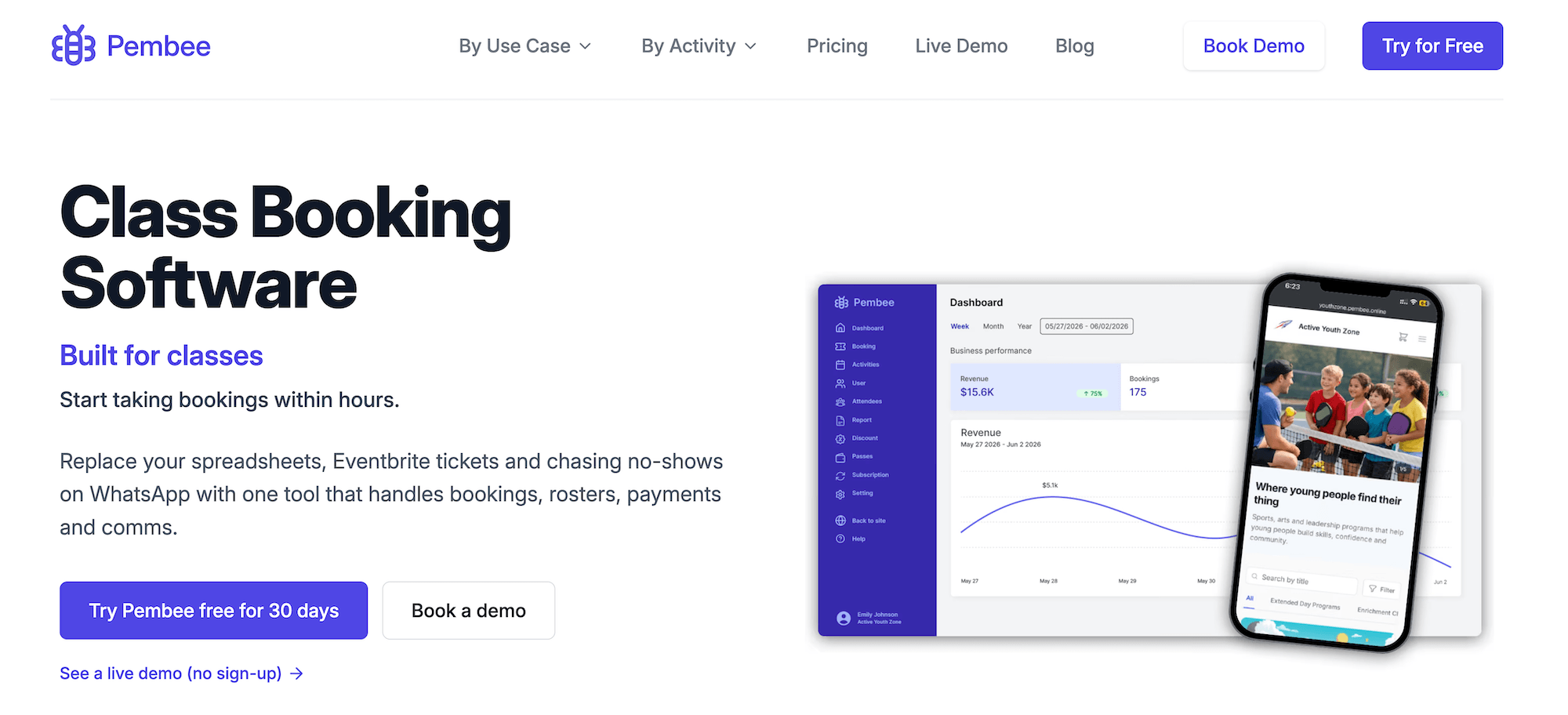 Pembee homepage: Class Booking Software