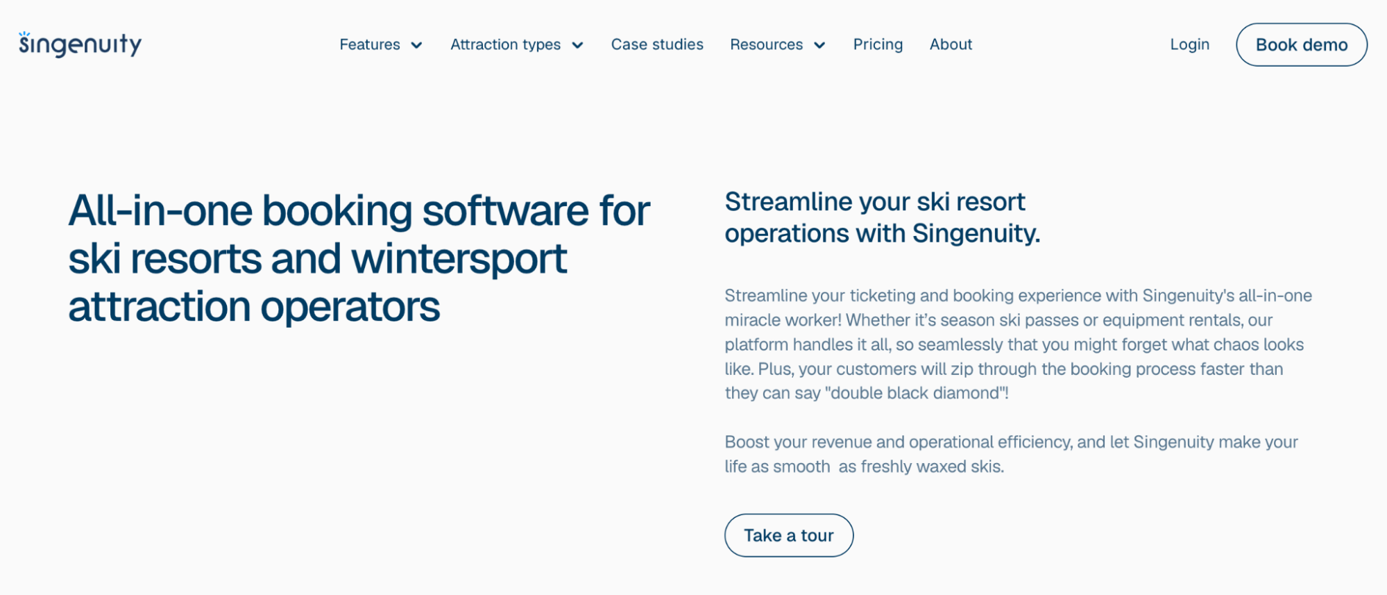Singenuity Ski Resorts and Wintersports landing page: All-in-one booking software for ski resorts