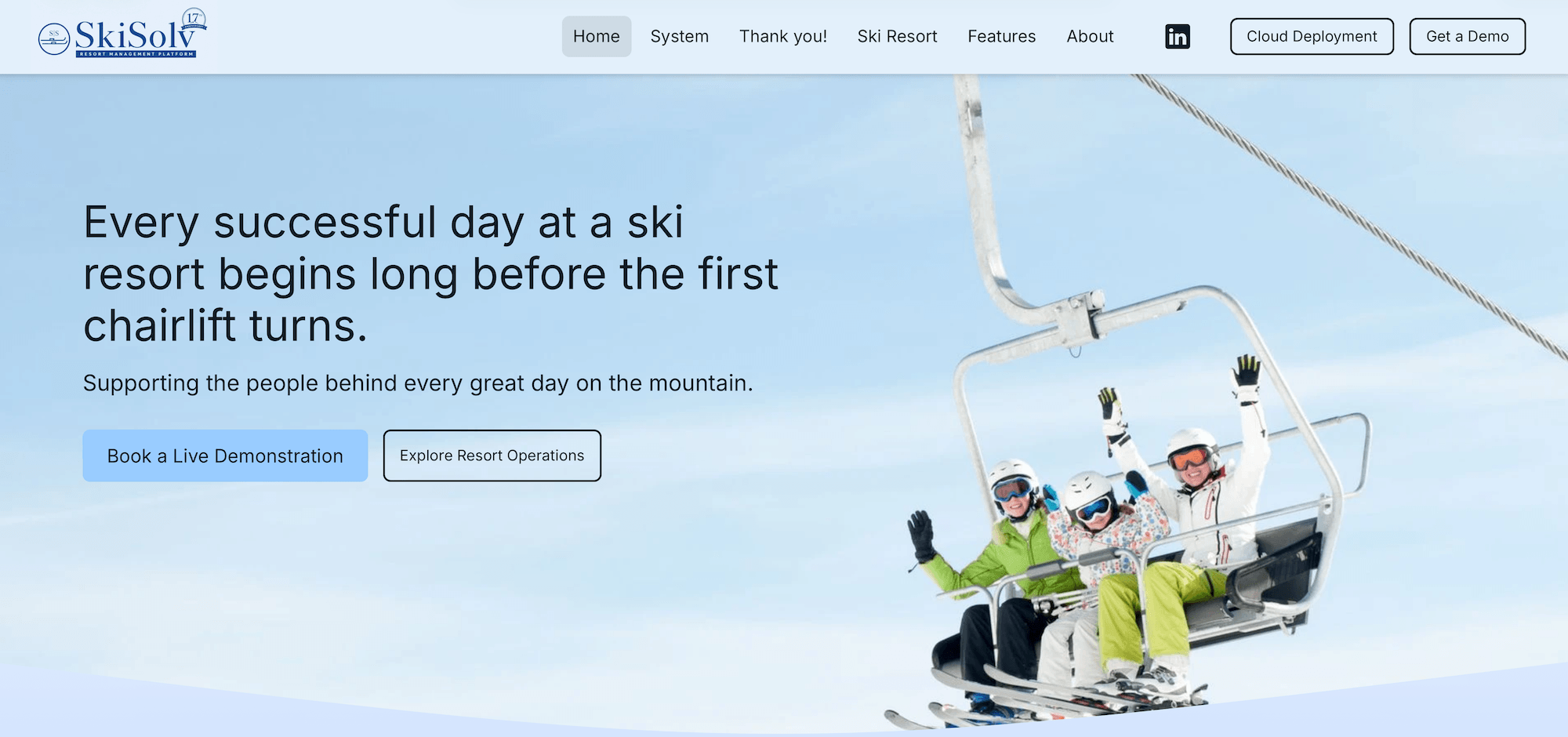 SkiSolv homepage: Every successful day at a ski resort begins long before the first chairlift turns